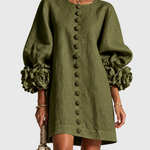 GAIA | Rochie Mini din Amestec de In cu Mansete Legate în Nuante de Roz si Verde Oliv - remove_bg