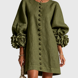 GAIA | Rochie Mini din Amestec de In cu Mansete Legate în Nuante de Roz si Verde Oliv - remove_bg