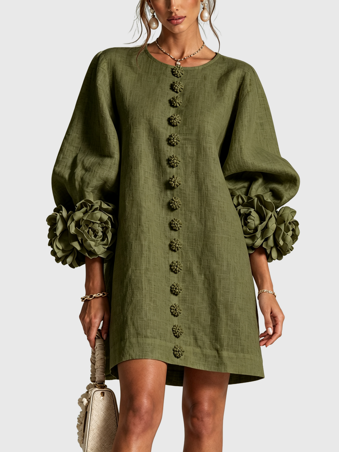 GAIA | Rochie Mini din Amestec de In cu Mansete Legate în Nuante de Roz si Verde Oliv - remove_bg