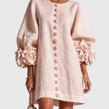 NOEMI | Rochie Mini din Amestec de In cu Manșete Legate în Nuante de Roz - remove_bg