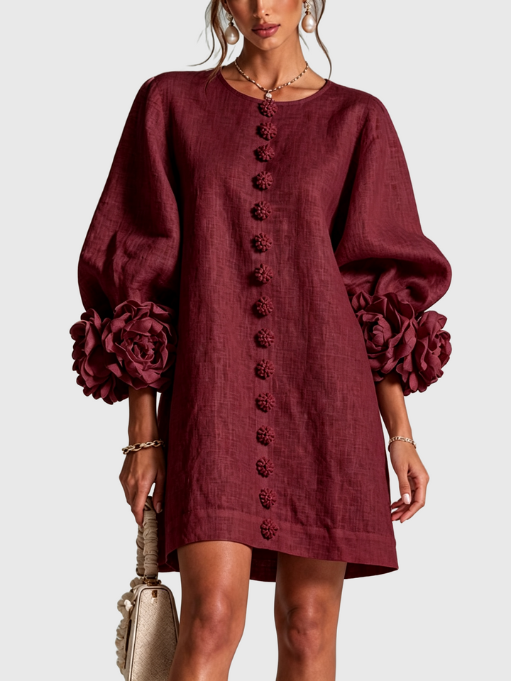 ILARIA | Rochie Mini din Amestec de In cu Mansete Legate în Nuante de Roz si Bordeaux - remove_bg