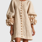 AMBRA | Rochie Mini din Amestec de In cu Mansete Legate în Nuante de Roz si Bej - remove_bg