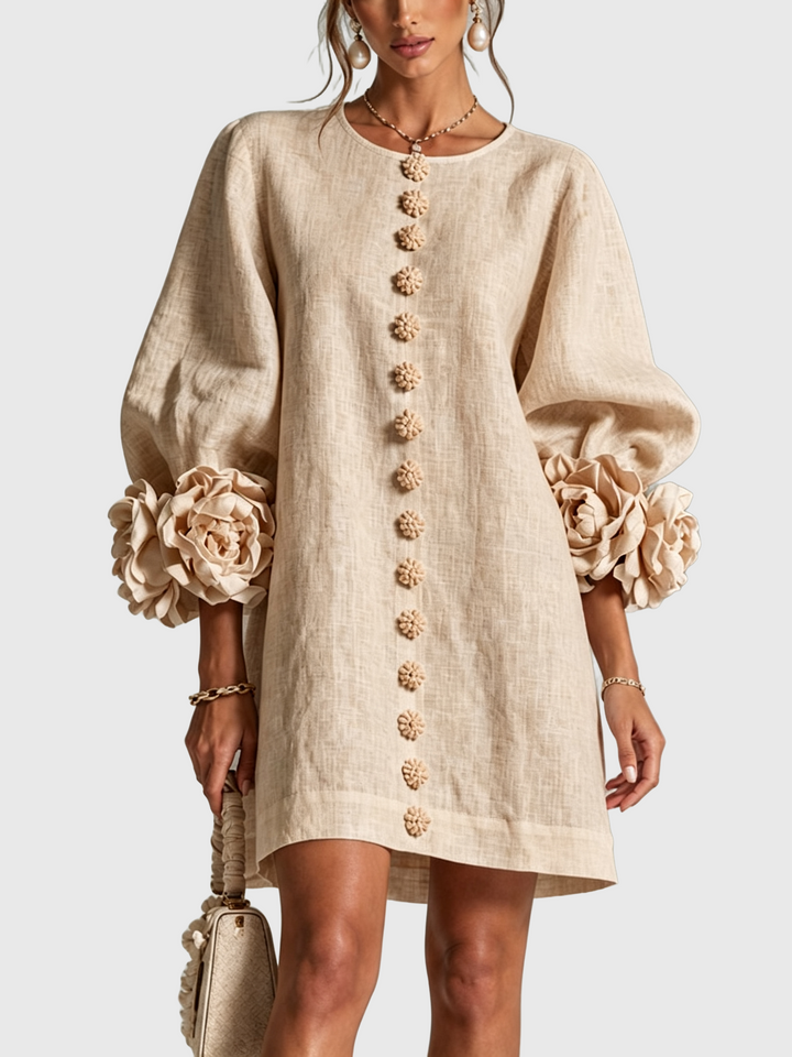 AMBRA | Rochie Mini din Amestec de In cu Mansete Legate în Nuante de Roz si Bej - remove_bg