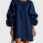 MARINA | Rochie Mini din Amestec de In cu Mansete Legate în Nuante de Roz și Albastru Marin - remove_bg