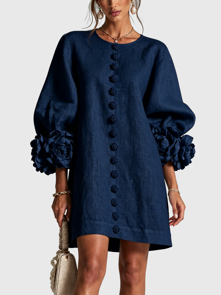 MARINA | Rochie Mini din Amestec de In cu Mansete Legate în Nuante de Roz și Albastru Marin - remove_bg