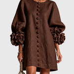 BRUNA | Rochie Mini din Amestec de In cu Mansete Legate în Nuante de Roz și Ciocolată - remove_bg