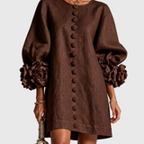 BRUNA | Rochie Mini din Amestec de In cu Mansete Legate în Nuante de Roz și Ciocolată - remove_bg