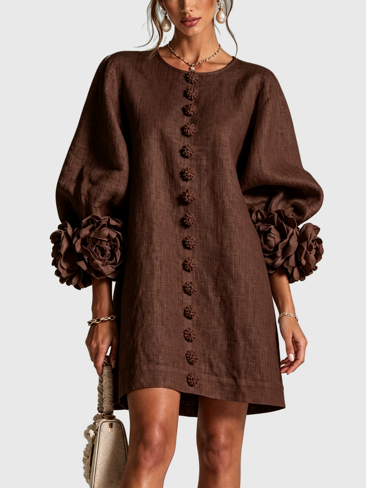 BRUNA | Rochie Mini din Amestec de In cu Mansete Legate în Nuante de Roz și Ciocolată - remove_bg