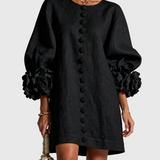 CECILIA | Rochie Mini din Amestec de In cu Manșete Legate în Nuante de Roz și Negru - remove_bg