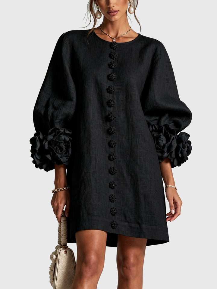CECILIA | Rochie Mini din Amestec de In cu Manșete Legate în Nuante de Roz și Negru - remove_bg